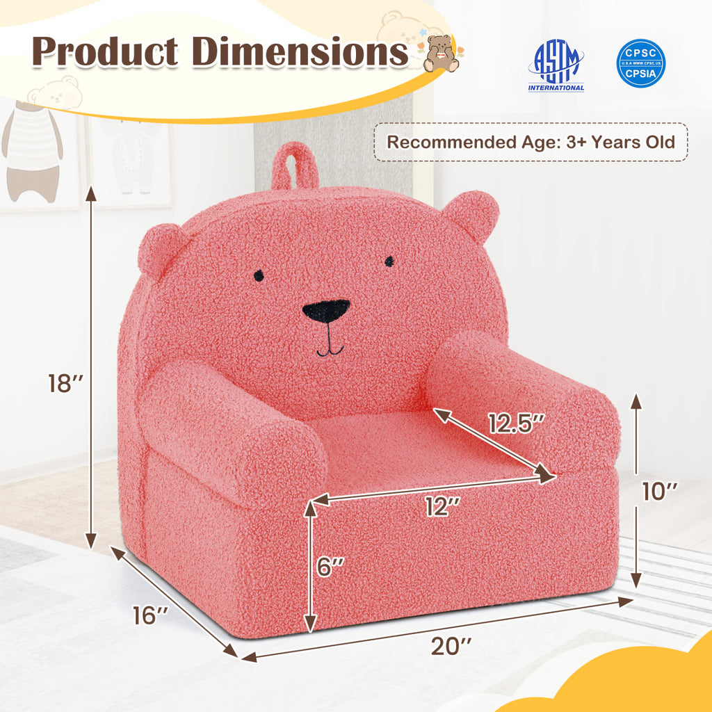 Kids Bear Sofa - Pink Toddler Foam Couch with Fleece Cover, Removable & Washable