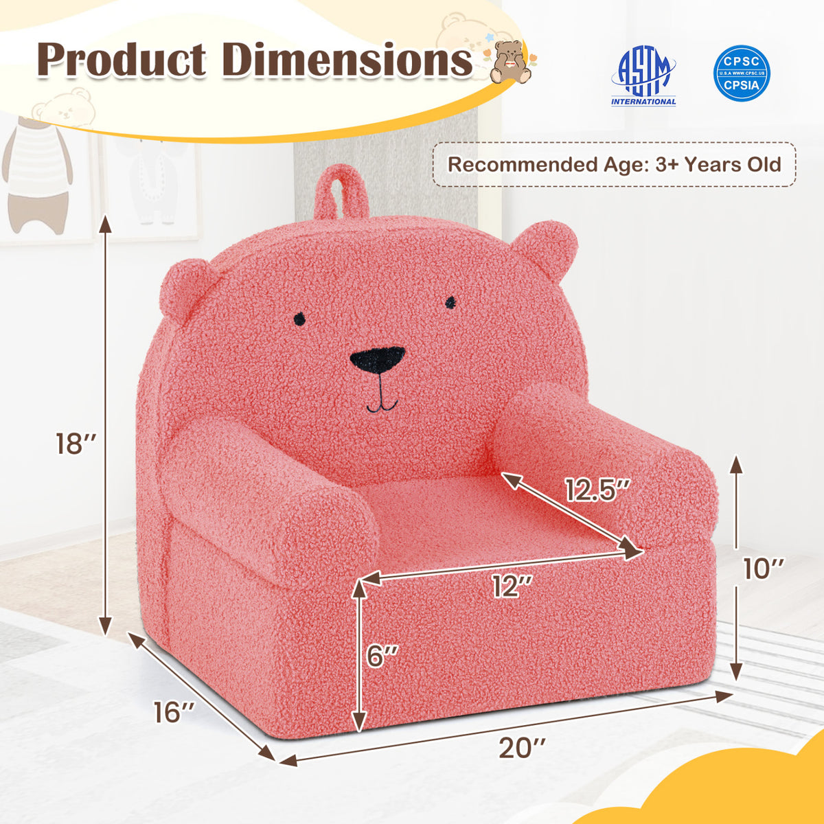 Kids Bear Sofa - Pink Toddler Foam Couch with Fleece Cover, Removable & Washable