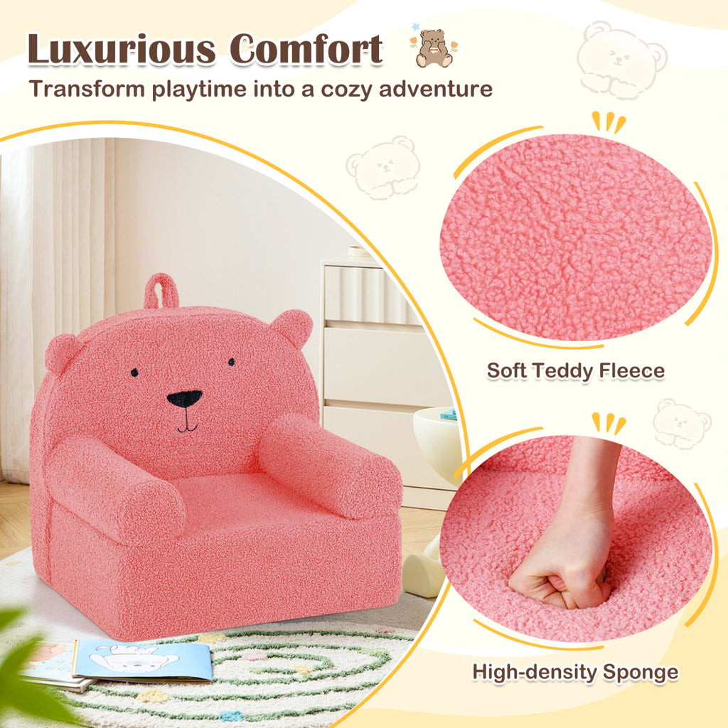 Kids Bear Sofa - Pink Toddler Foam Couch with Fleece Cover, Removable & Washable