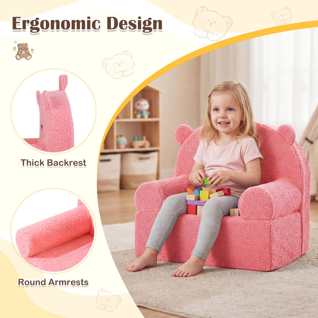 Kids Bear Sofa - Pink Toddler Foam Couch with Fleece Cover, Removable & Washable
