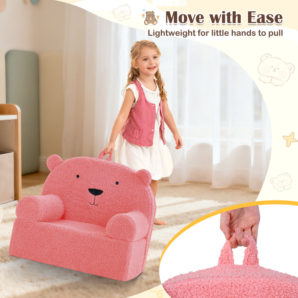 Kids Bear Sofa - Pink Toddler Foam Couch with Fleece Cover, Removable & Washable