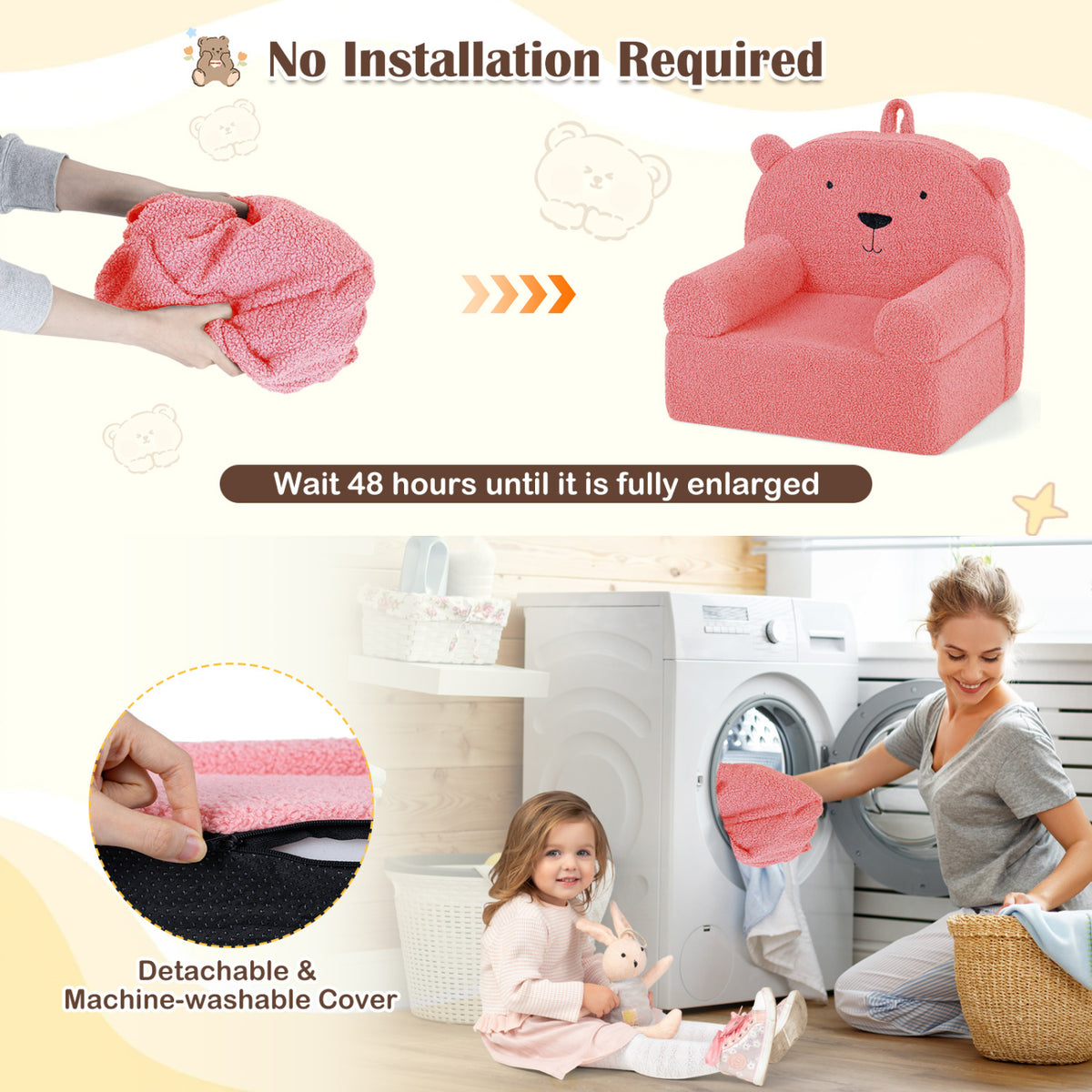 Kids Bear Sofa - Pink Toddler Foam Couch with Fleece Cover, Removable & Washable