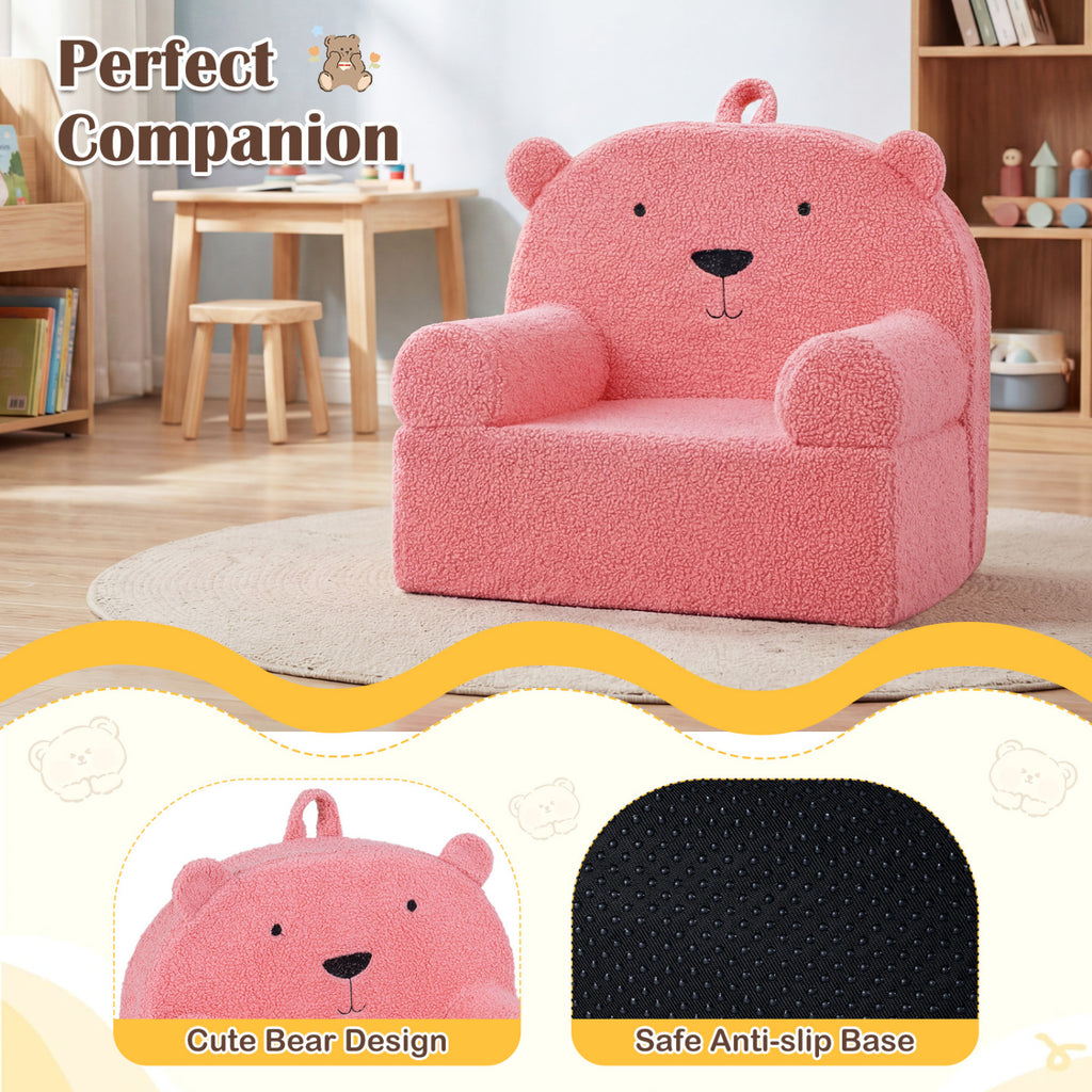 Kids Bear Sofa - Pink Toddler Foam Couch with Fleece Cover, Removable & Washable