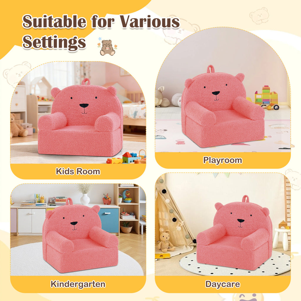 Kids Bear Sofa - Pink Toddler Foam Couch with Fleece Cover, Removable & Washable