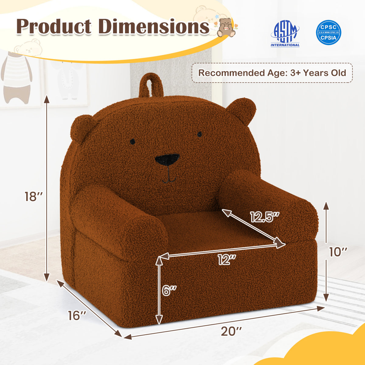 Kids Bear Sofa Toddler Foam Couch with Soft Fleece Cover - Brown Variation
