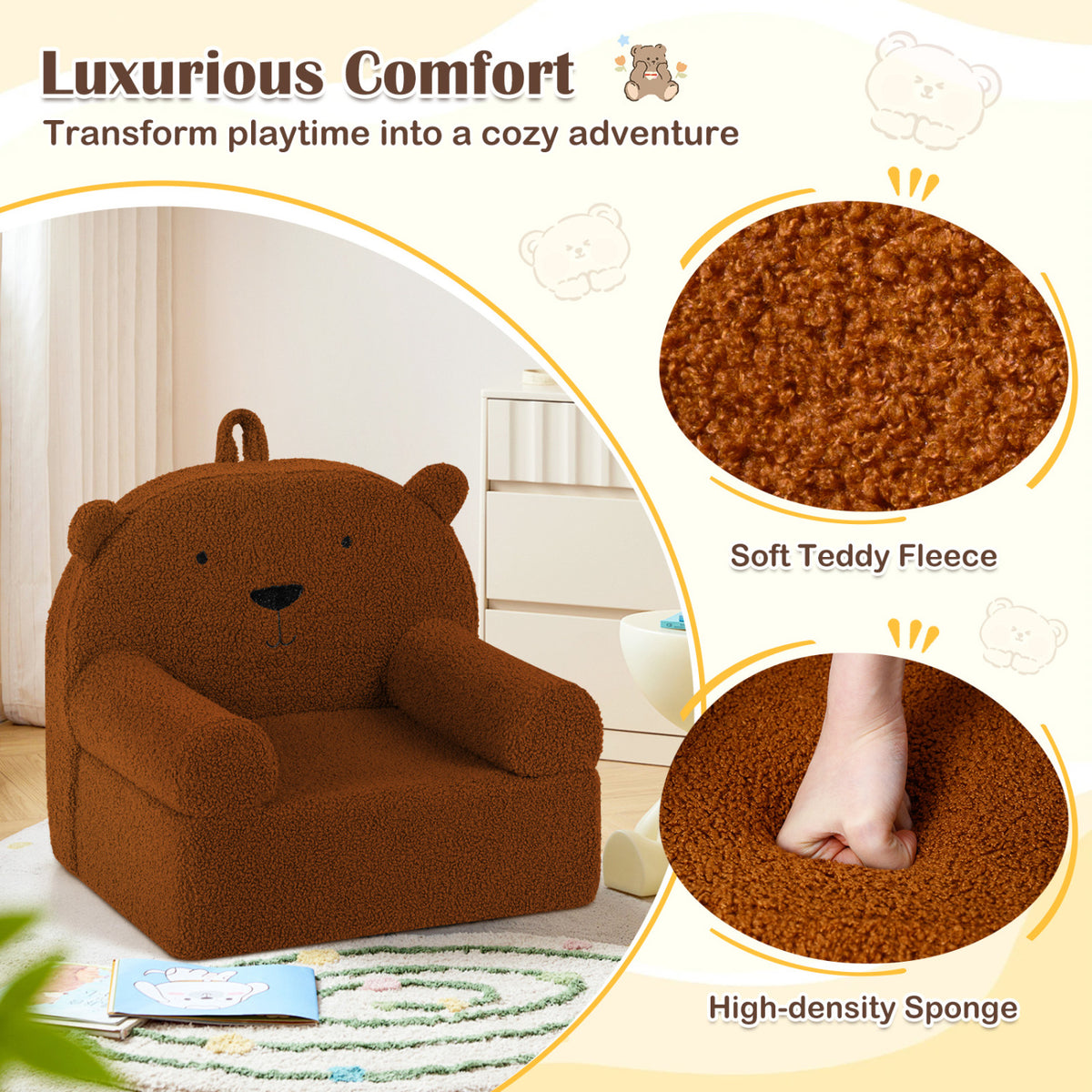 Kids Bear Sofa Toddler Foam Couch with Soft Fleece Cover - Brown Variation