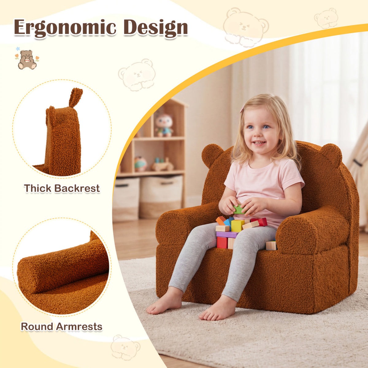 Kids Bear Sofa Toddler Foam Couch with Soft Fleece Cover - Brown Variation