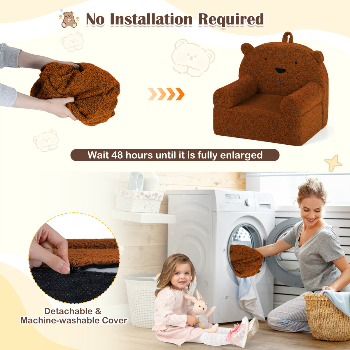 Kids Bear Sofa Toddler Foam Couch with Soft Fleece Cover - Brown Variation