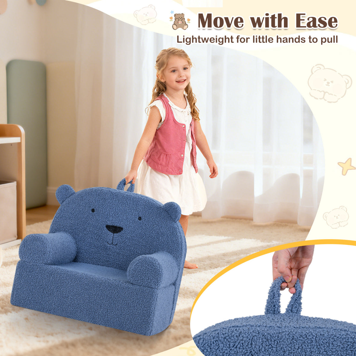 Kids Bear Foam Sofa - Toddler Couch with Soft Fleece Cover, Navy Variation