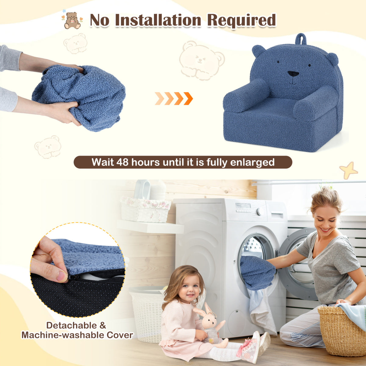 Kids Bear Foam Sofa - Toddler Couch with Soft Fleece Cover, Navy Variation