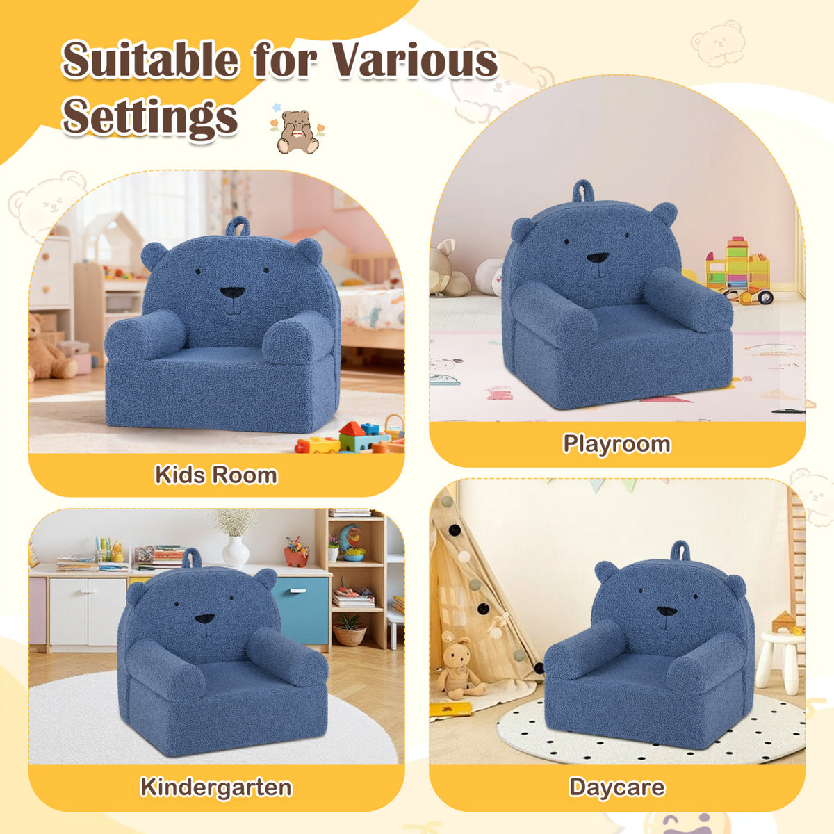 Kids Bear Foam Sofa - Toddler Couch with Soft Fleece Cover, Navy Variation