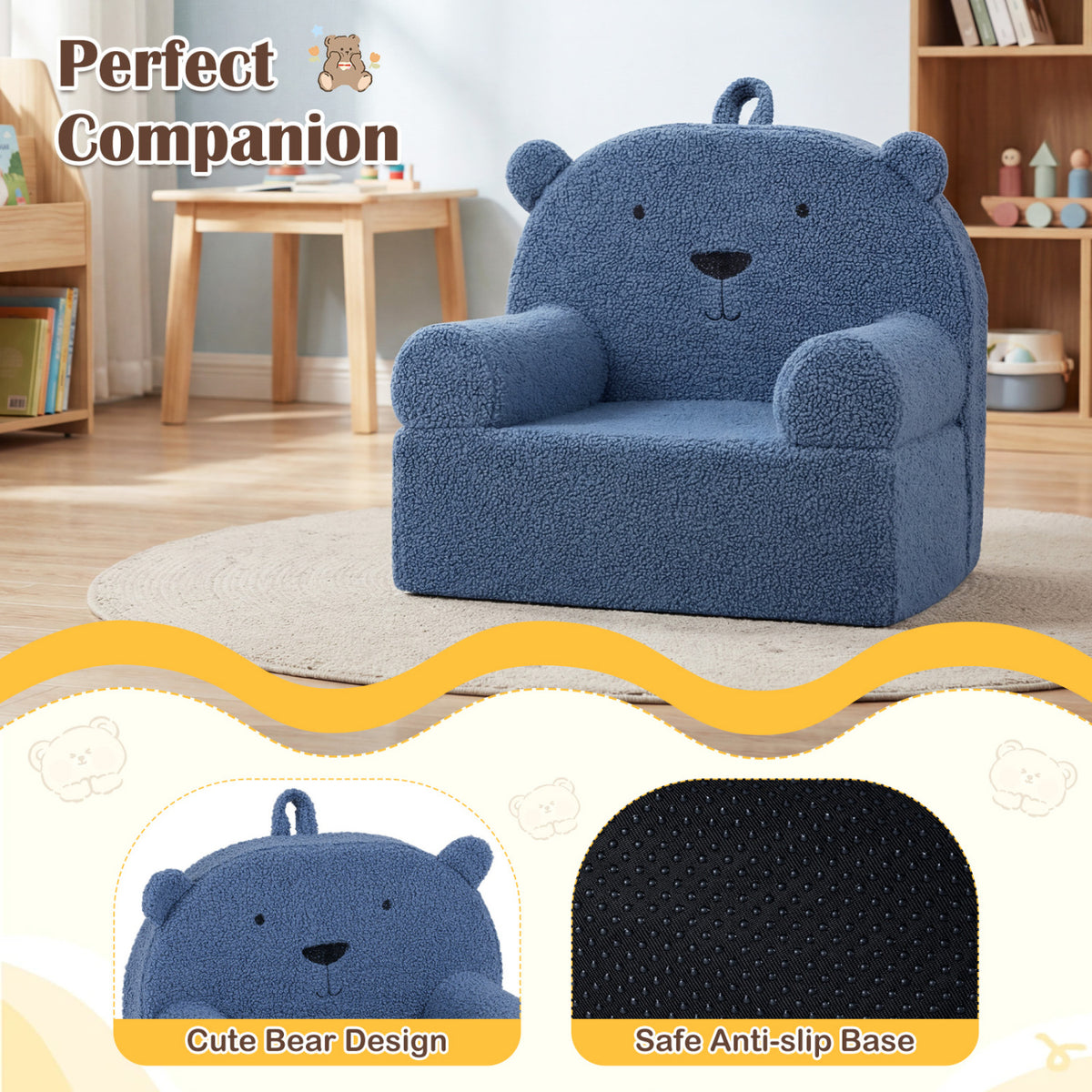 Kids Bear Foam Sofa - Toddler Couch with Soft Fleece Cover, Navy Variation