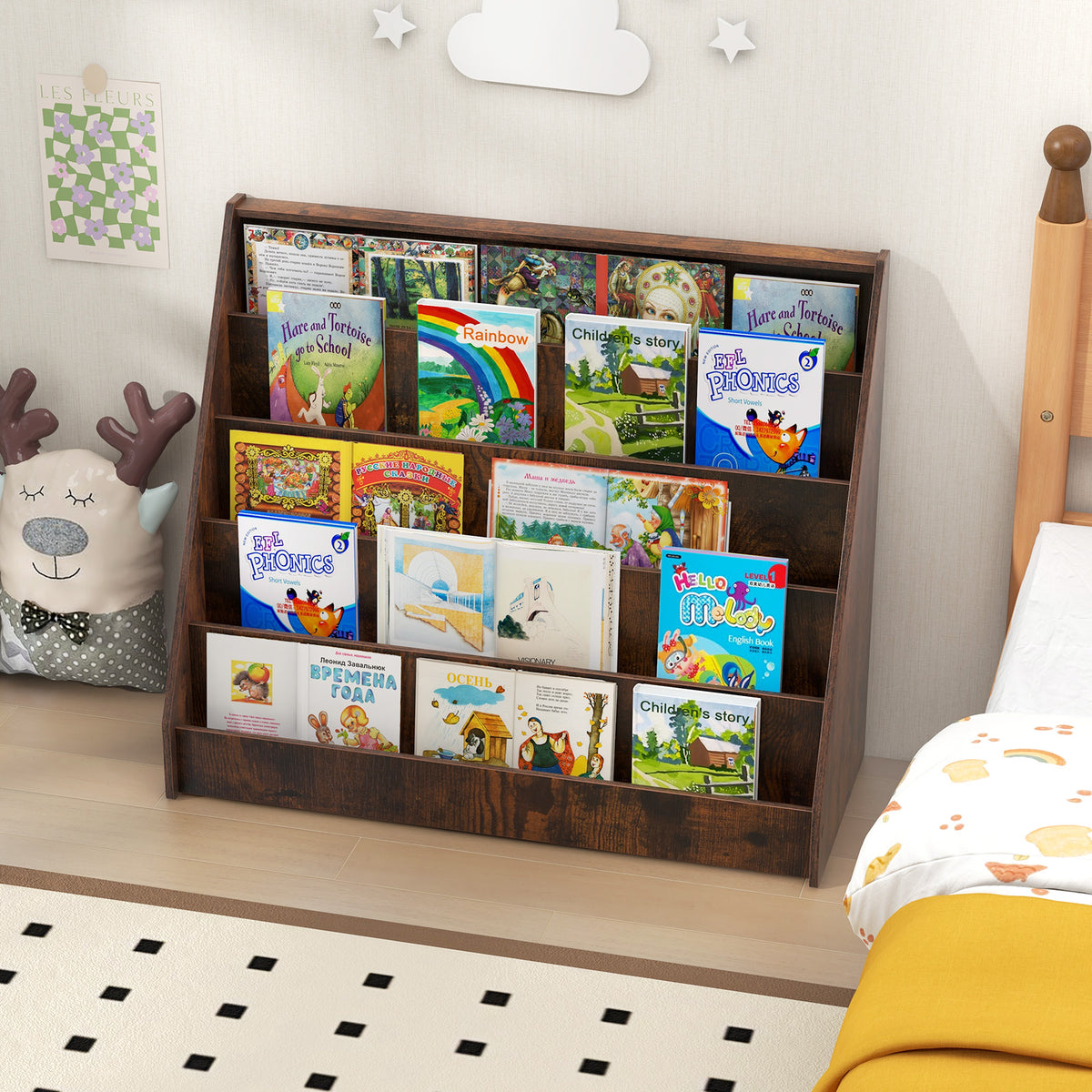 Rustic Brown 5-Tier Kids Bookshelf with Deep Compartments & Wall Mount