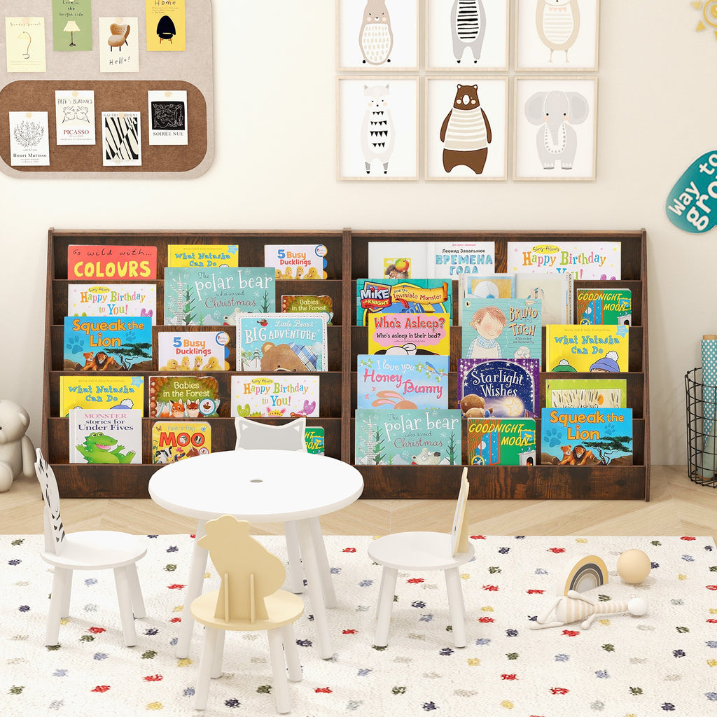 Rustic Brown 5-Tier Kids Bookshelf with Deep Compartments & Wall Mount