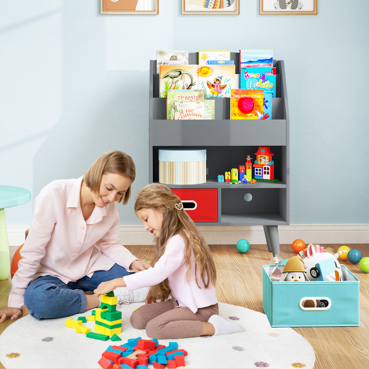 Kids Bookshelf with Open Compartment & Foldable Drawers - Gray, Toddler Safe 3+ Years