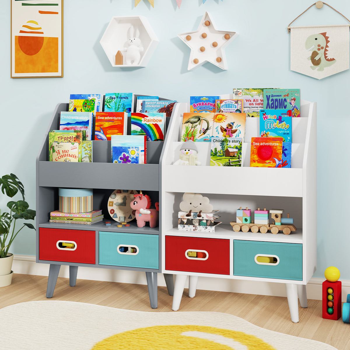 Kids Bookshelf with Open Compartment & Foldable Drawers - Gray, Toddler Safe 3+ Years