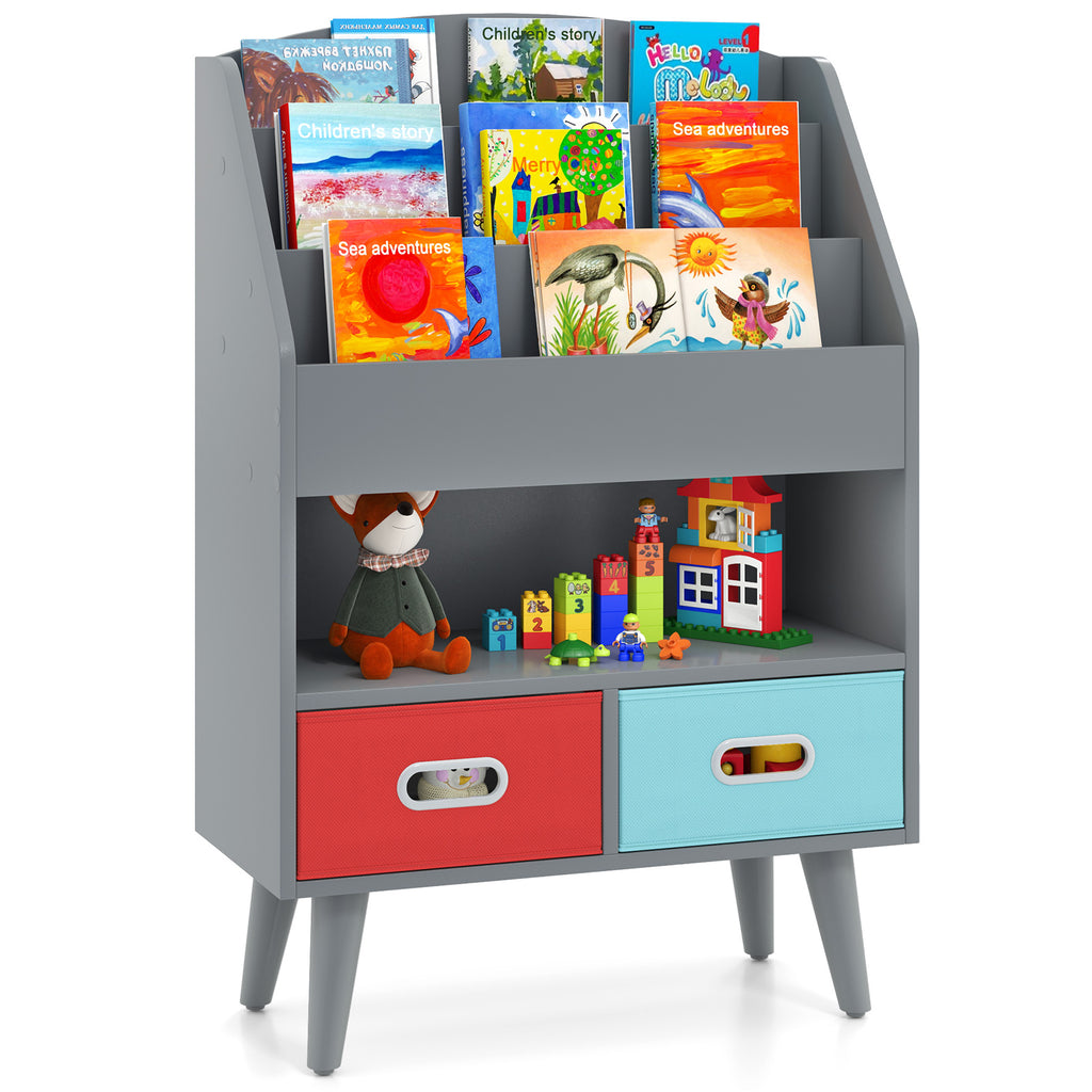 Kids Bookshelf with Open Compartment & Foldable Drawers - Gray, Toddler Safe 3+ Years