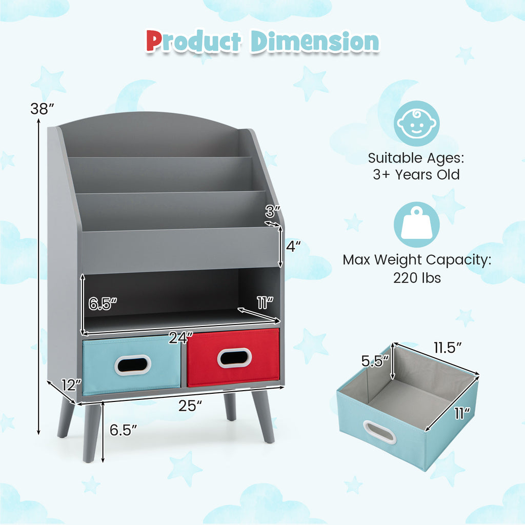 Kids Bookshelf with Open Compartment & Foldable Drawers - Gray, Toddler Safe 3+ Years