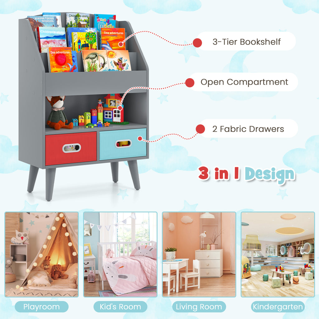 Kids Bookshelf with Open Compartment & Foldable Drawers - Gray, Toddler Safe 3+ Years
