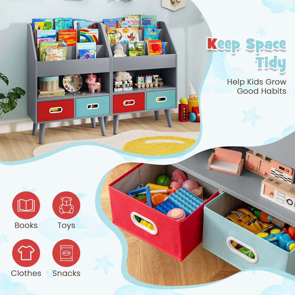 Kids Bookshelf with Open Compartment & Foldable Drawers - Gray, Toddler Safe 3+ Years