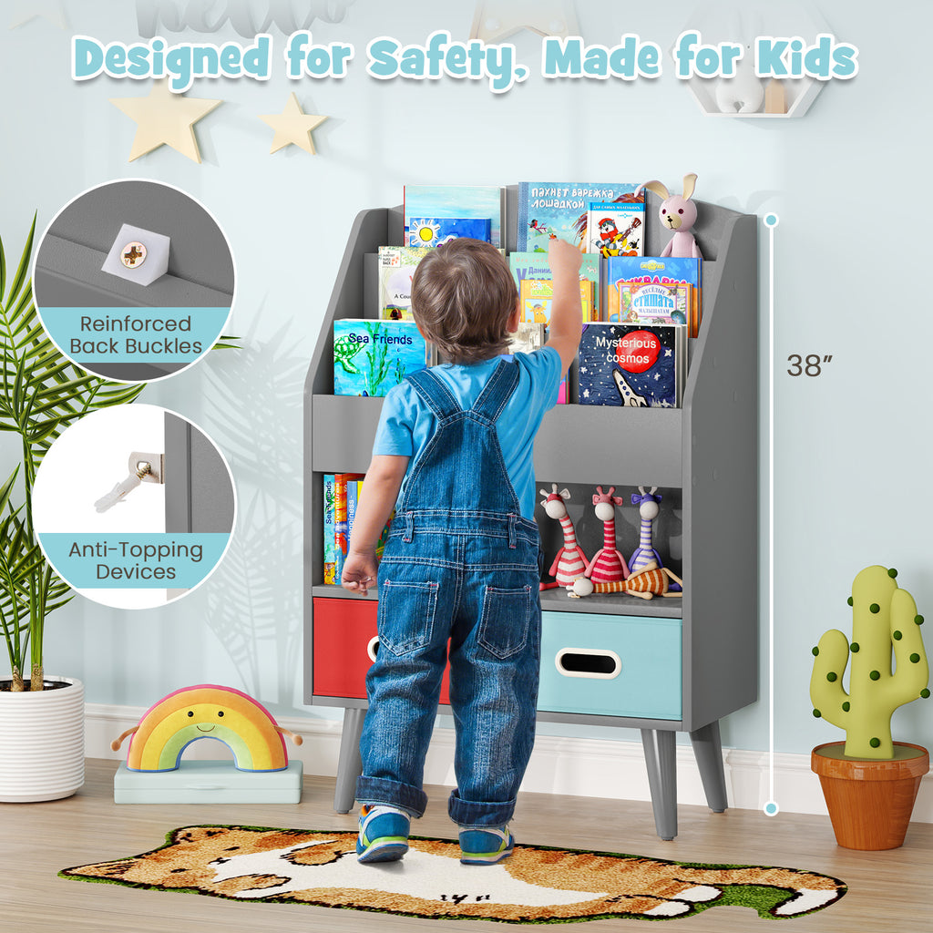 Kids Bookshelf with Open Compartment & Foldable Drawers - Gray, Toddler Safe 3+ Years