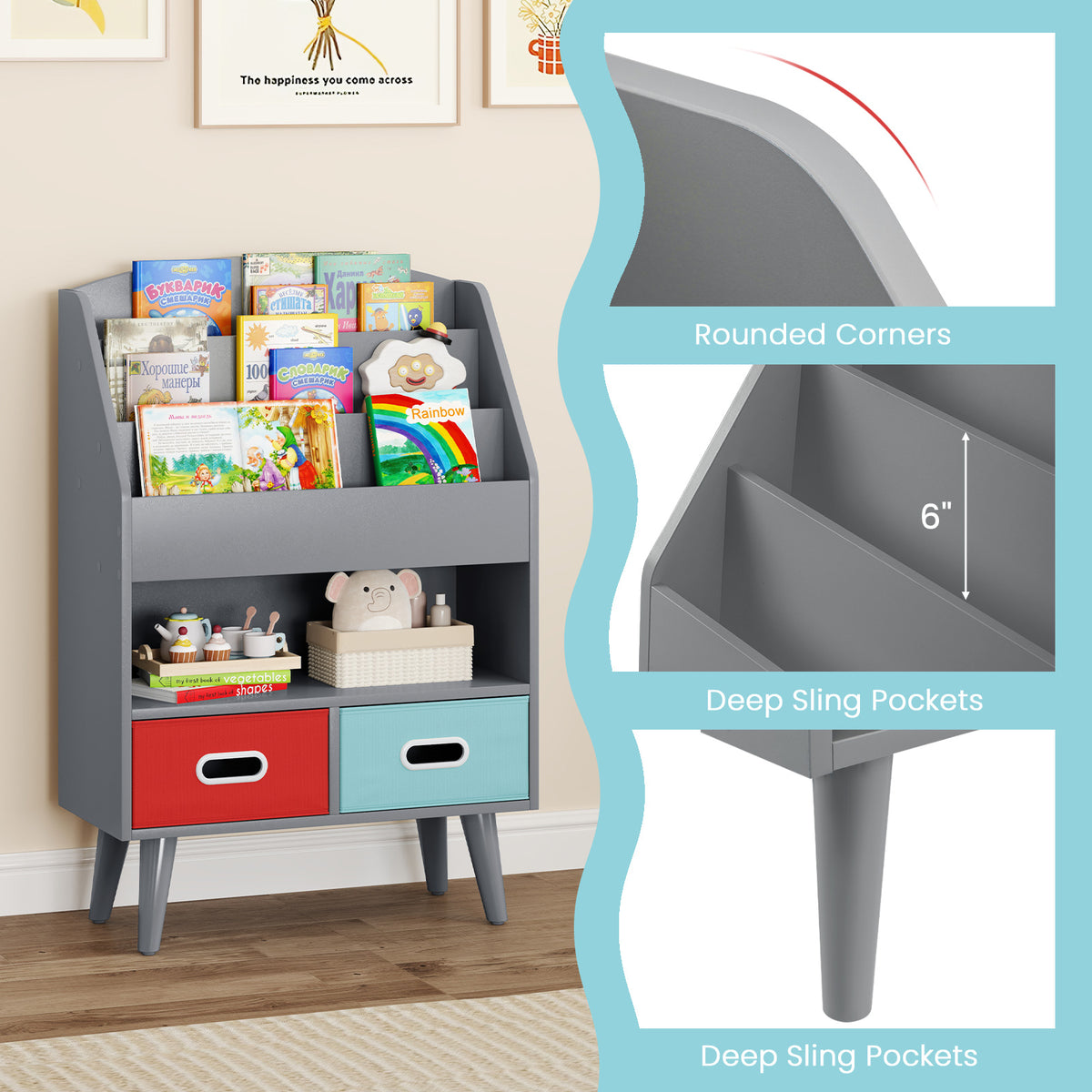 Kids Bookshelf with Open Compartment & Foldable Drawers - Gray, Toddler Safe 3+ Years