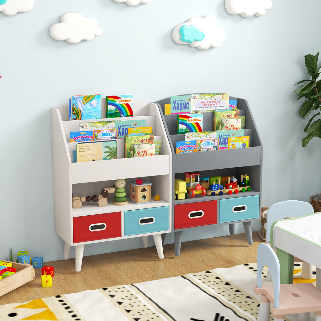 Kids Bookshelf with Open Compartment & Foldable Drawers - Gray, Toddler Safe 3+ Years