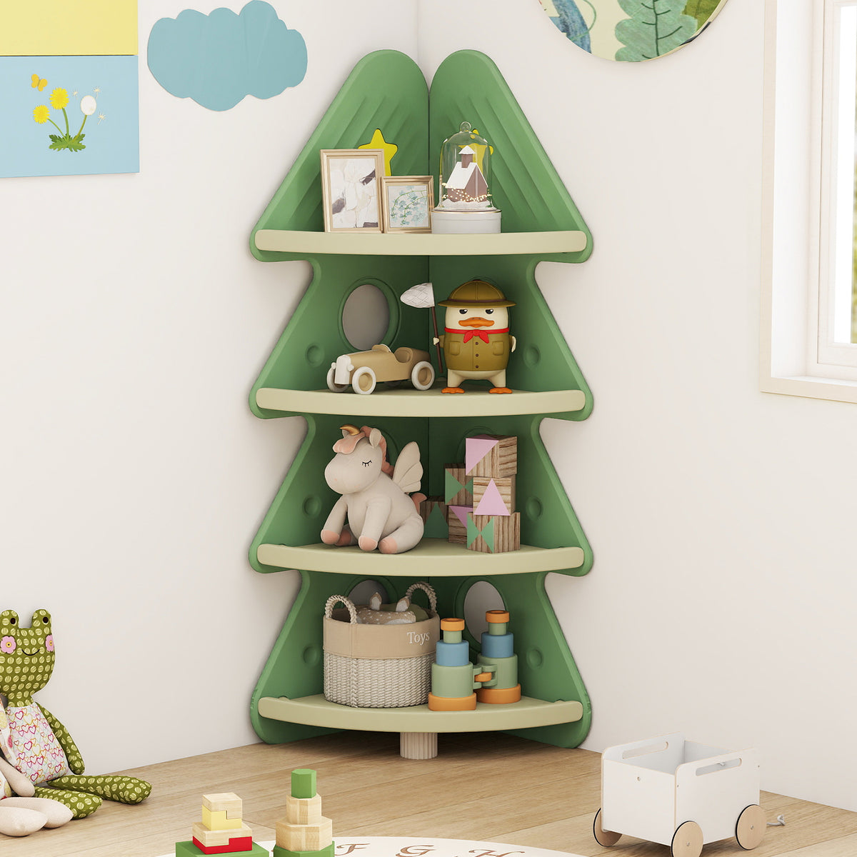 Kids Corner Bookshelf - 4-Tier Tree Display Shelf for Kids Room, Green