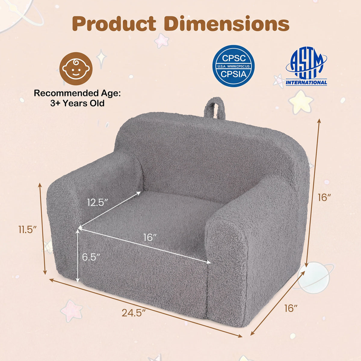 Kids Toddler Couch Sofa with Anti-Slip Base - Gray, Portable & Soft