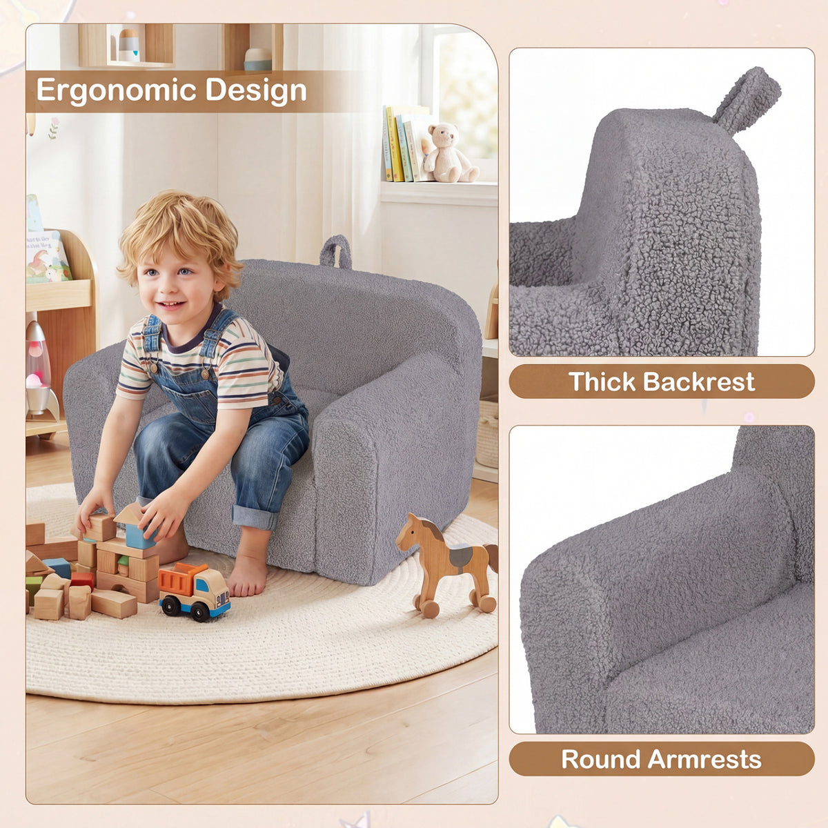 Kids Toddler Couch Sofa with Anti-Slip Base - Gray, Portable & Soft