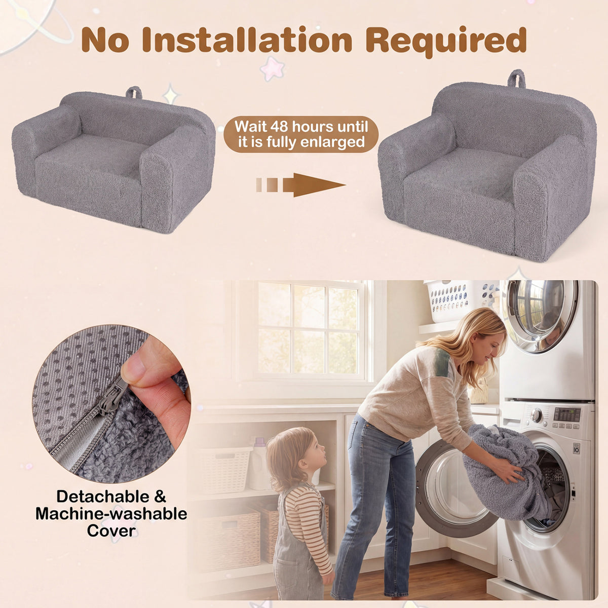 Kids Toddler Couch Sofa with Anti-Slip Base - Gray, Portable & Soft
