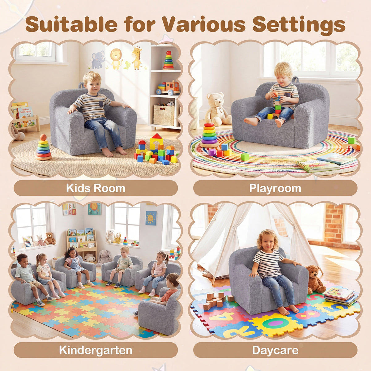 Kids Toddler Couch Sofa with Anti-Slip Base - Gray, Portable & Soft