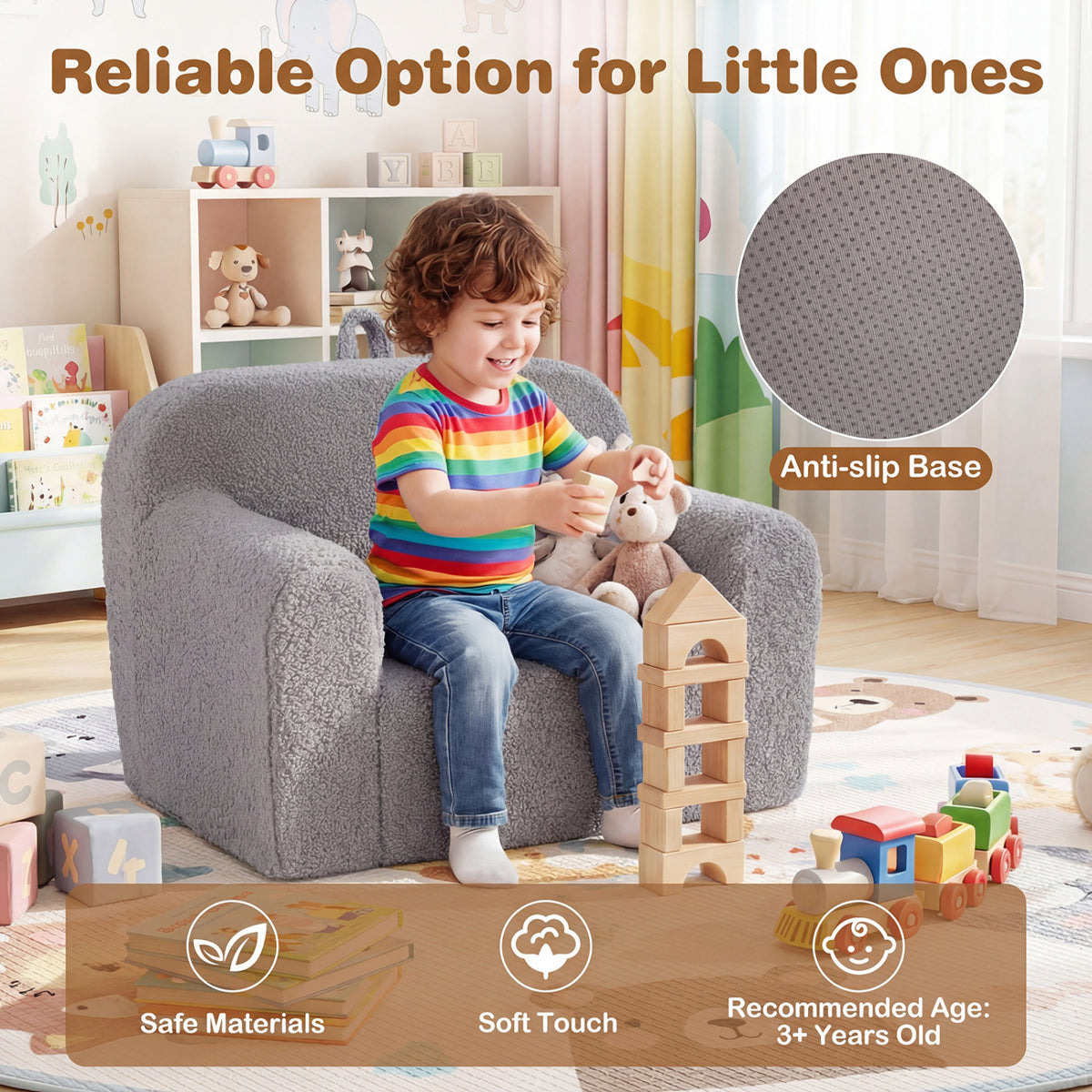 Kids Toddler Couch Sofa with Anti-Slip Base - Gray, Portable & Soft