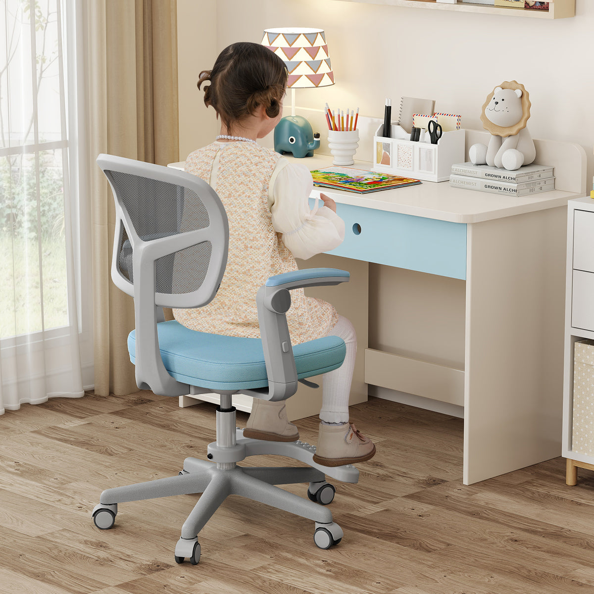 Kids Desk Chair with Footrest & Adjustable Height - Blue, Armrest Swivel Study Seat