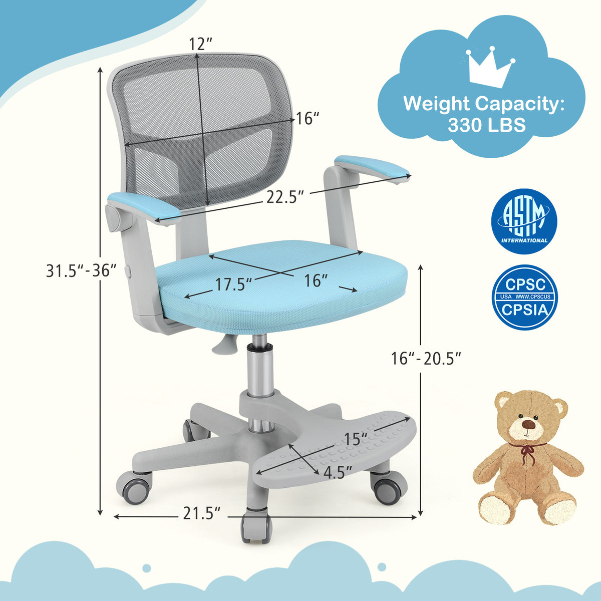 Kids Desk Chair with Footrest & Adjustable Height - Blue, Armrest Swivel Study Seat