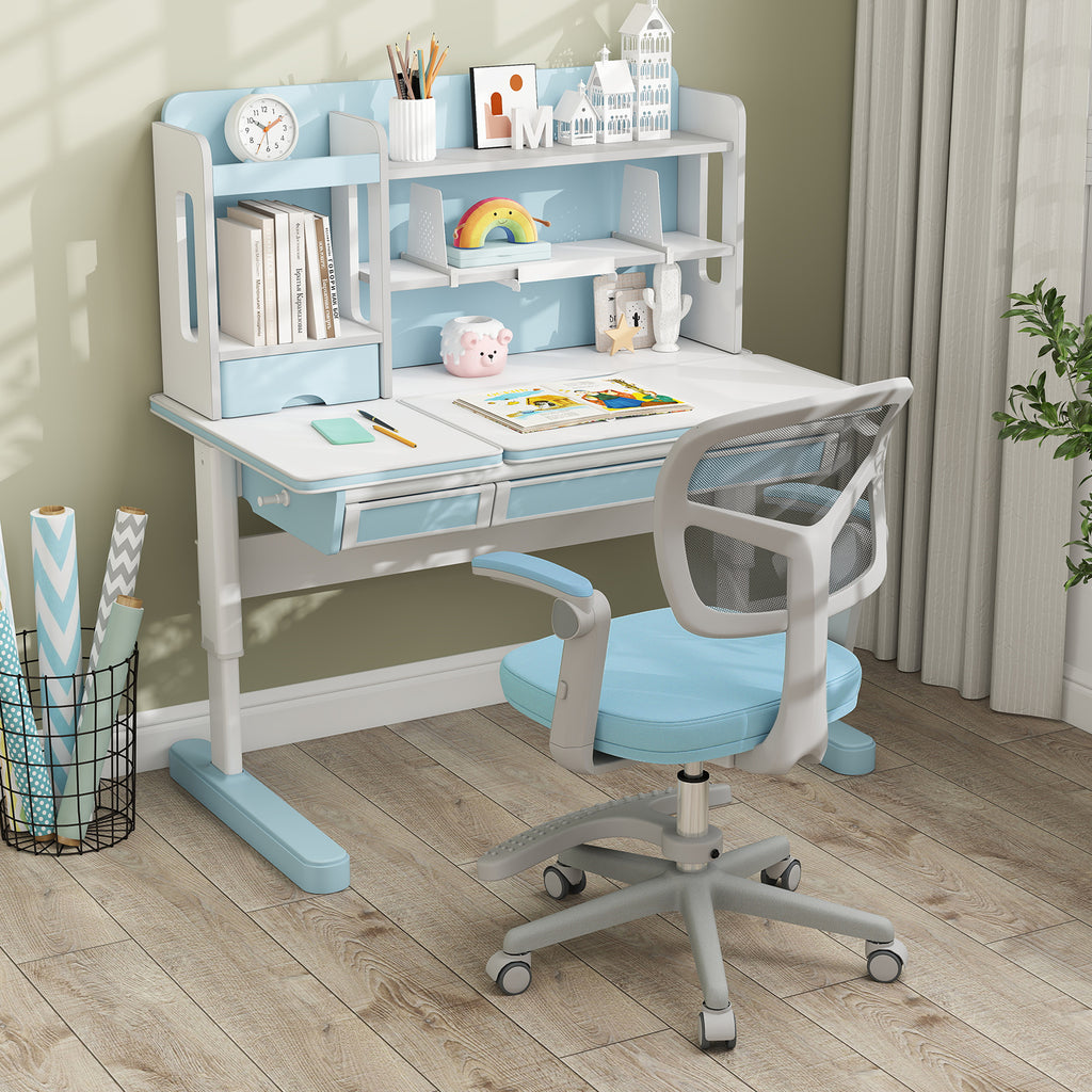 Kids Desk Chair with Footrest & Adjustable Height - Blue, Armrest Swivel Study Seat