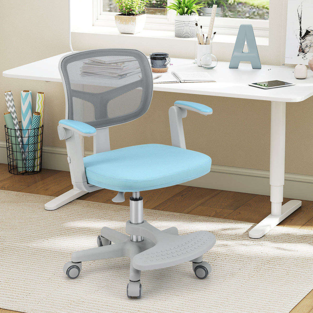 Kids Desk Chair with Footrest & Adjustable Height - Blue, Armrest Swivel Study Seat