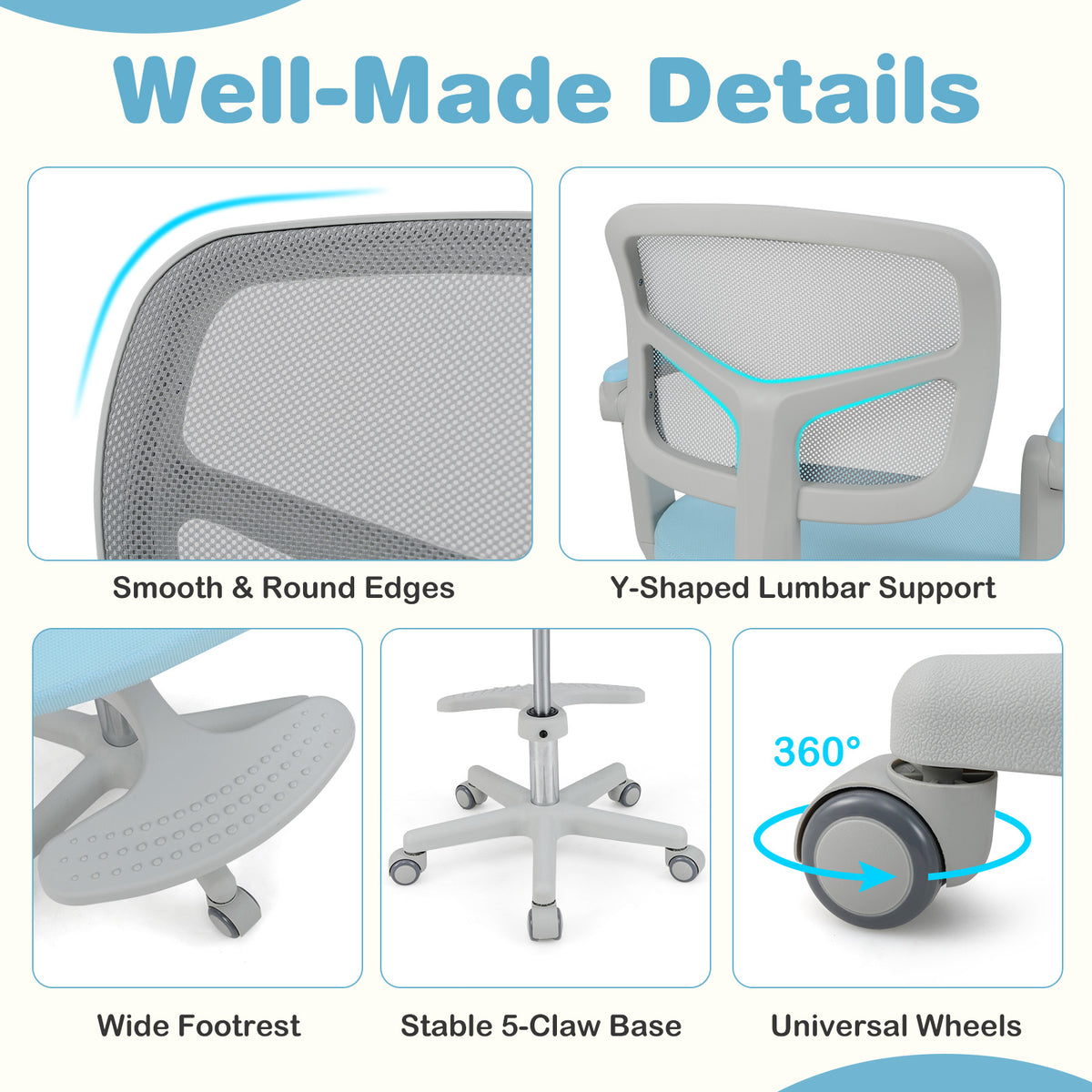 Kids Desk Chair with Footrest & Adjustable Height - Blue, Armrest Swivel Study Seat