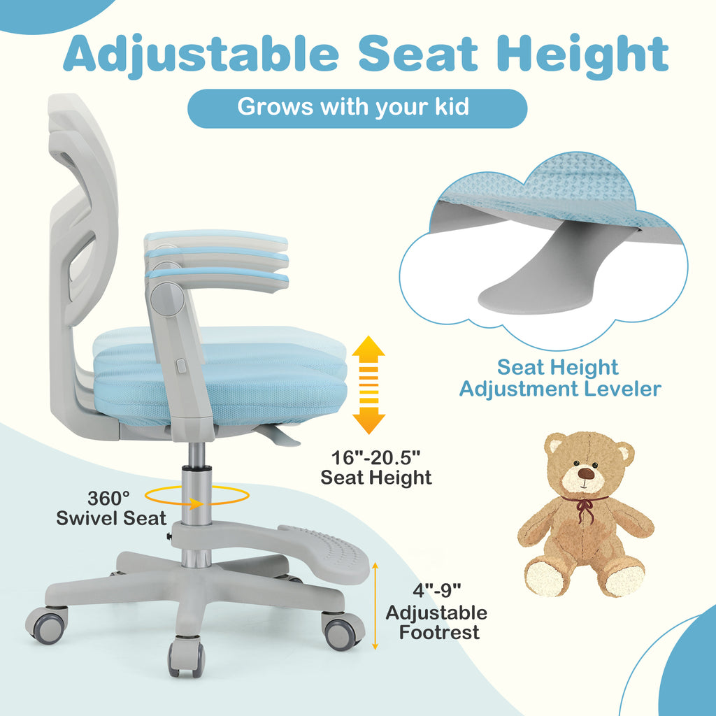 Kids Desk Chair with Footrest & Adjustable Height - Blue, Armrest Swivel Study Seat