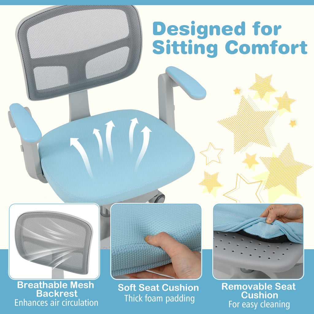 Kids Desk Chair with Footrest & Adjustable Height - Blue, Armrest Swivel Study Seat