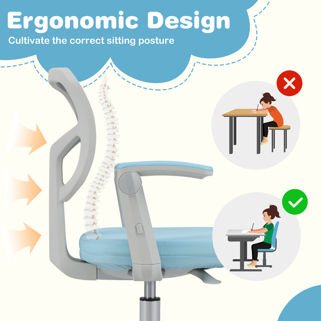 Kids Desk Chair with Footrest & Adjustable Height - Blue, Armrest Swivel Study Seat