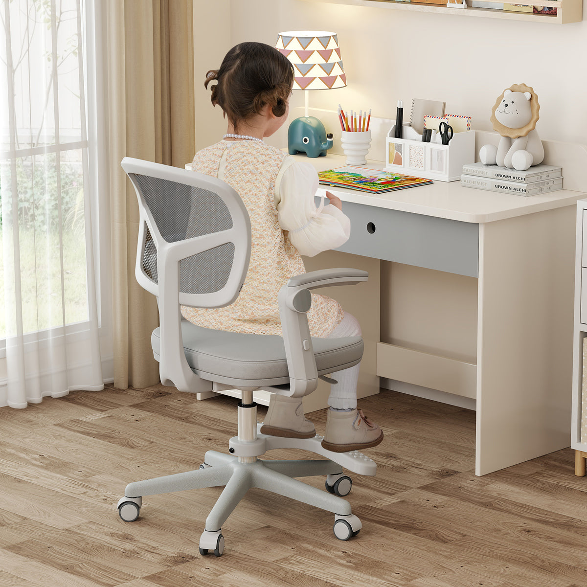 Kids Study Desk Chair with Adjustable Height Armrest Footrest Gray - Costway