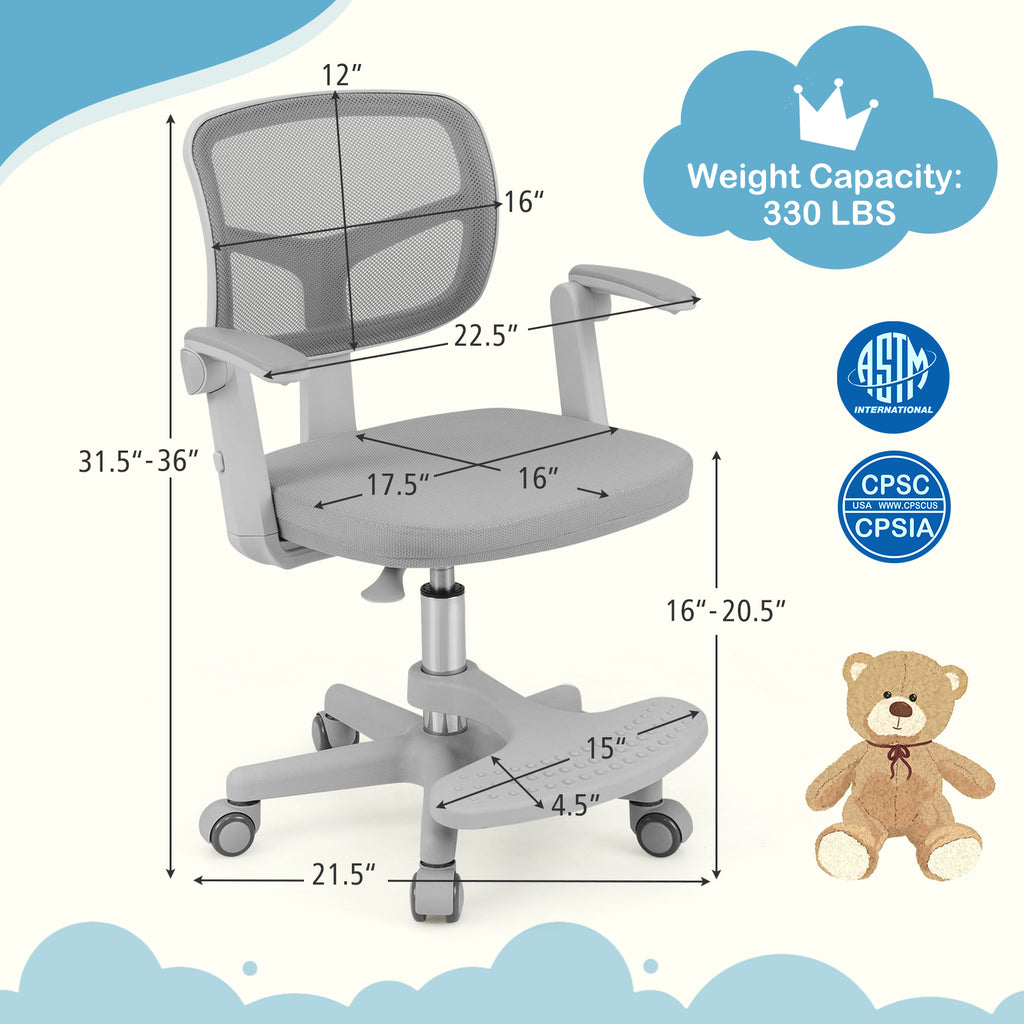 Kids Study Desk Chair with Adjustable Height Armrest Footrest Gray - Costway