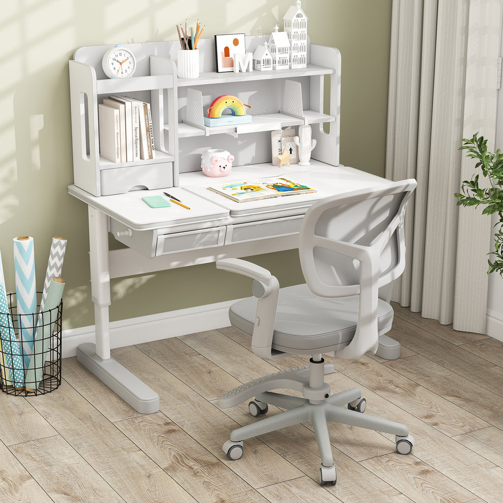 Kids Study Desk Chair with Adjustable Height Armrest Footrest Gray - Costway