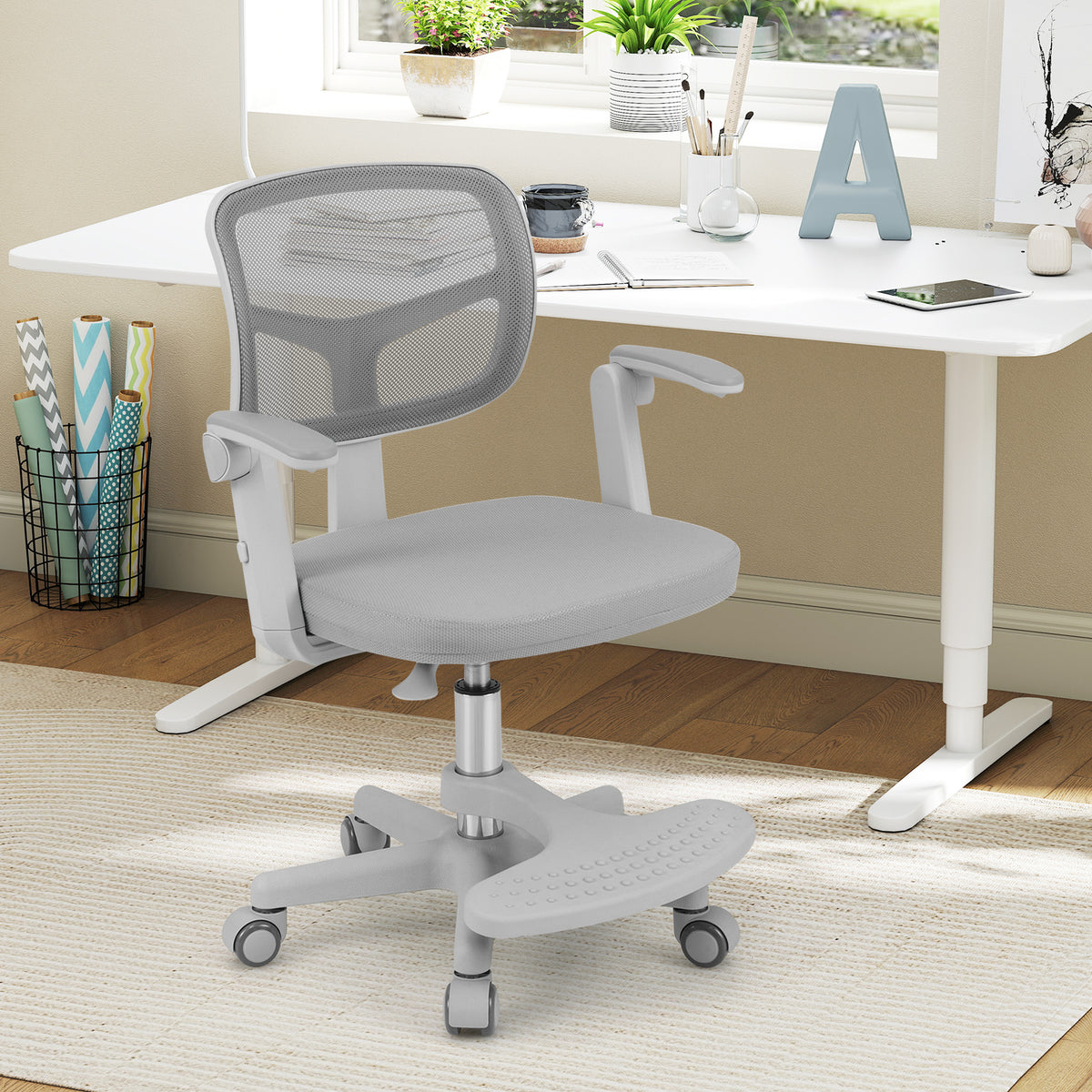 Kids Study Desk Chair with Adjustable Height Armrest Footrest Gray - Costway