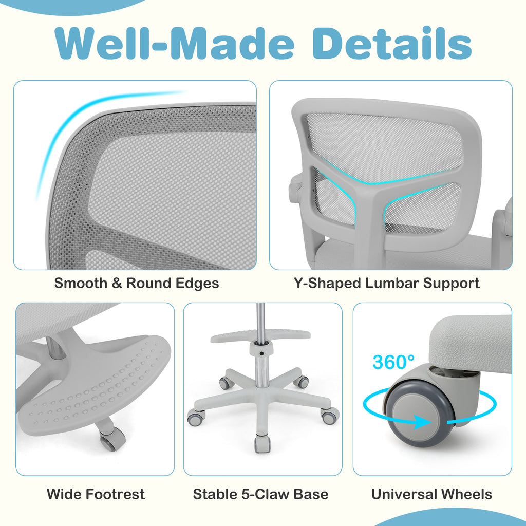 Kids Study Desk Chair with Adjustable Height Armrest Footrest Gray - Costway