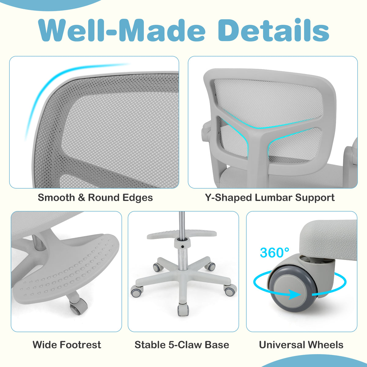 Kids Study Desk Chair with Adjustable Height Armrest Footrest Gray - Costway