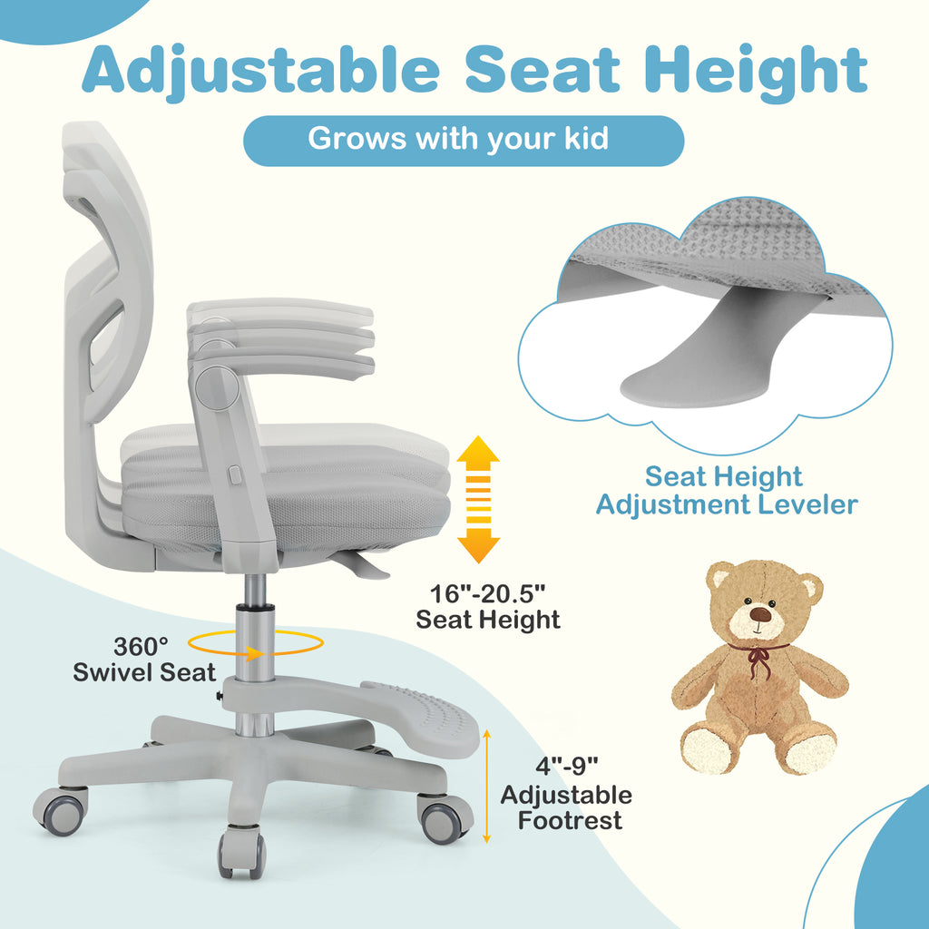 Kids Study Desk Chair with Adjustable Height Armrest Footrest Gray - Costway