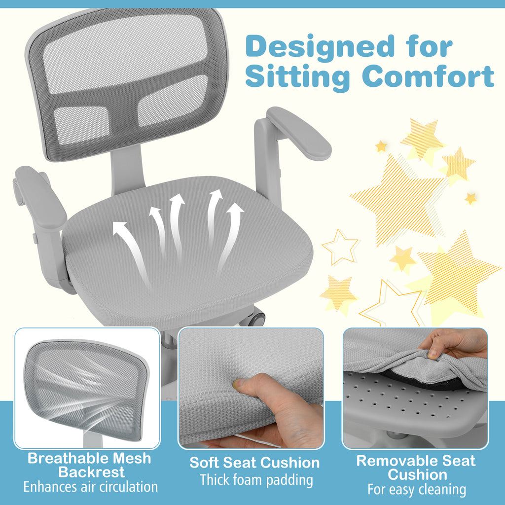 Kids Study Desk Chair with Adjustable Height Armrest Footrest Gray - Costway