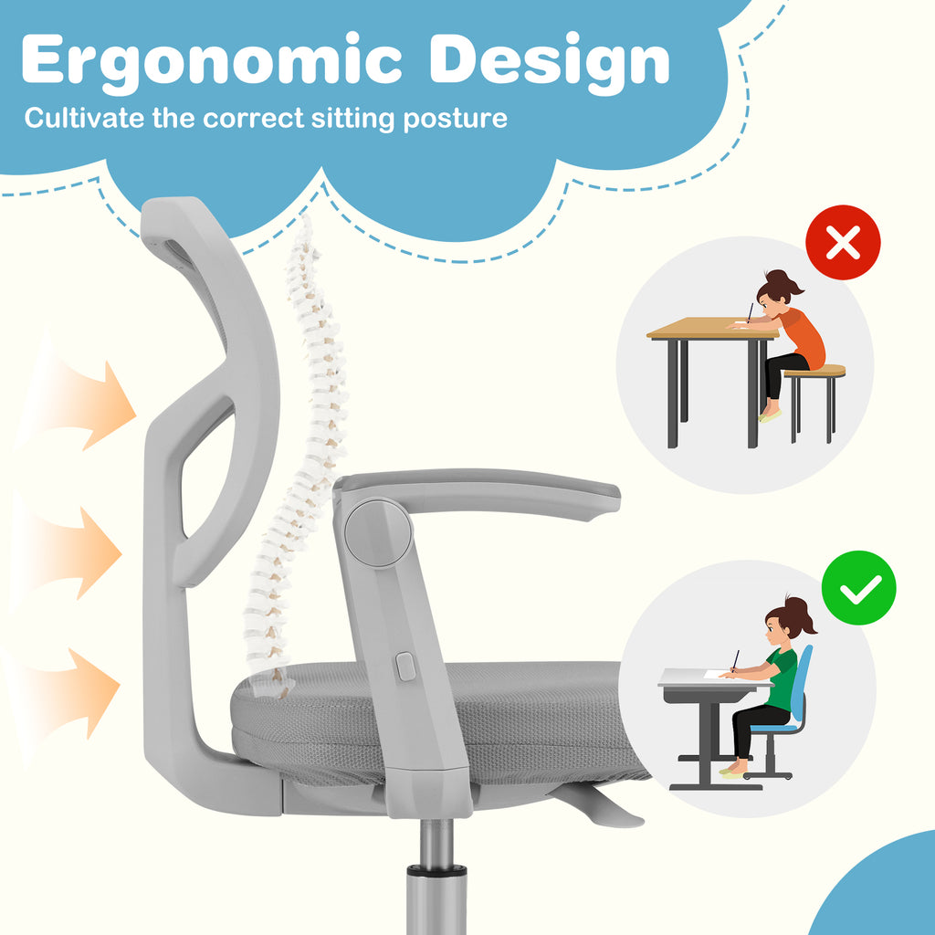 Kids Study Desk Chair with Adjustable Height Armrest Footrest Gray - Costway
